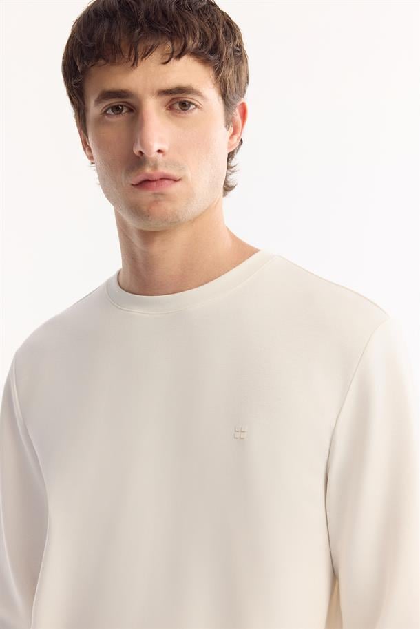 Ekru Bisiklet Yaka Viskon Karışımlı Bi-Stretch Basic Sweatshirt