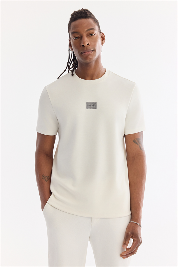 Ekru Bisiklet Yaka Hologram   Baskılı İnterlok T-Shirt