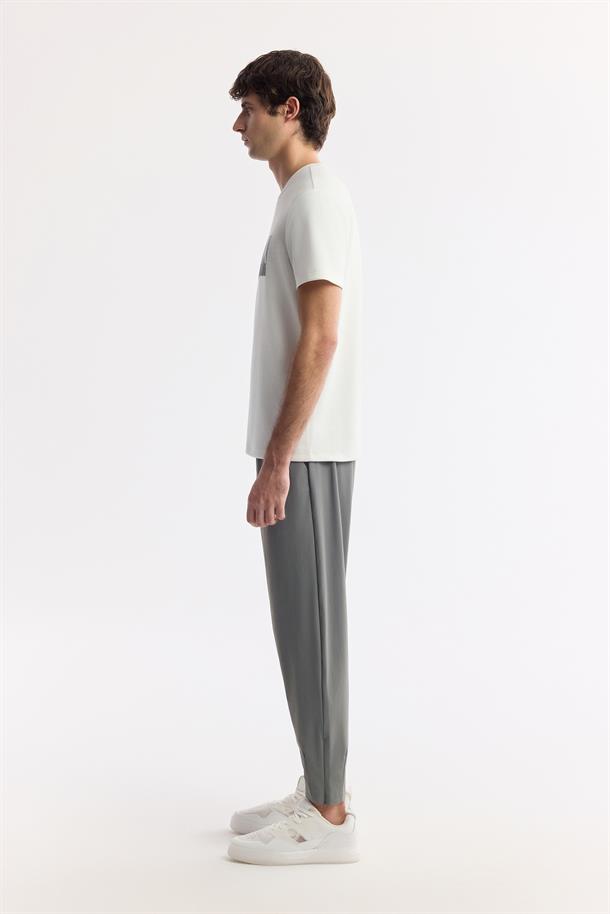 Ekru Bisiklet Yaka Baskılı Bi-Stretch İnterlok T-Shirt