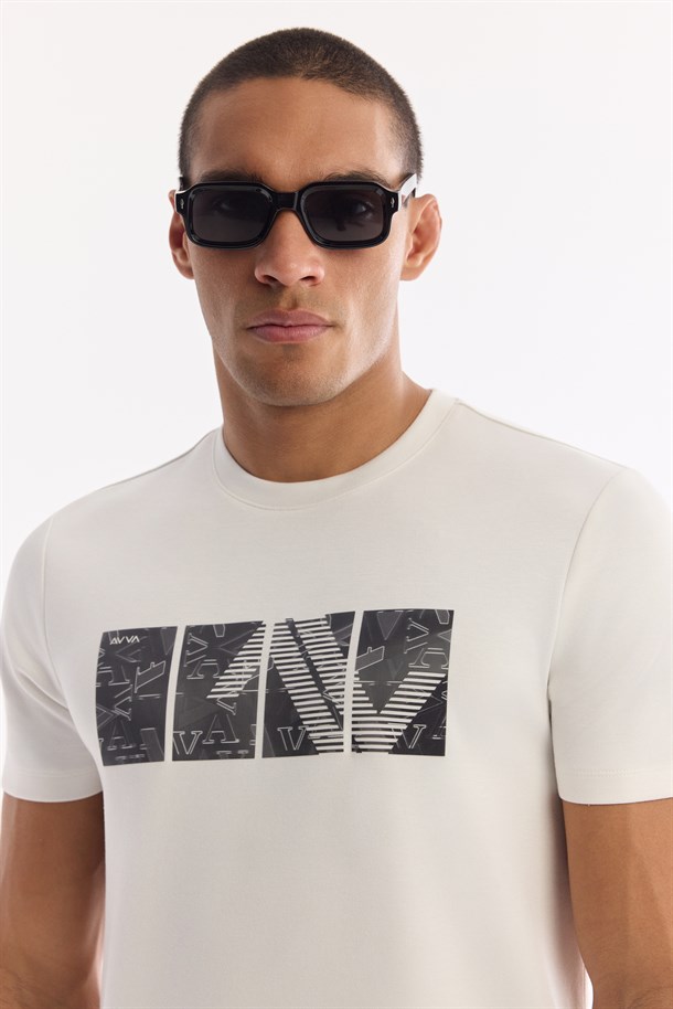 Ekru Bisiklet Yaka Baskılı İnterlok T-Shirt