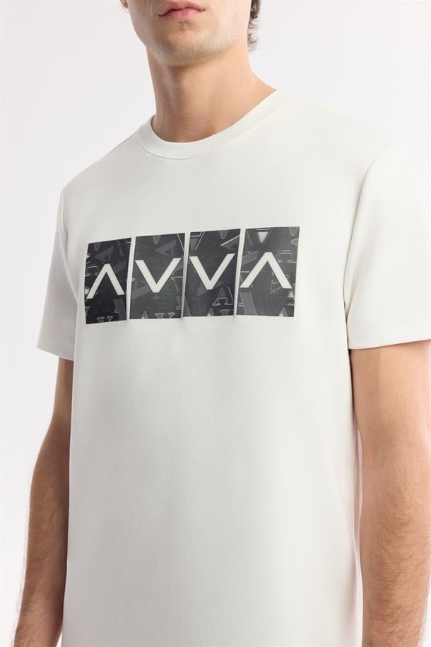 Ekru Bisiklet Yaka Baskılı Bi-Stretch İnterlok T-Shirt