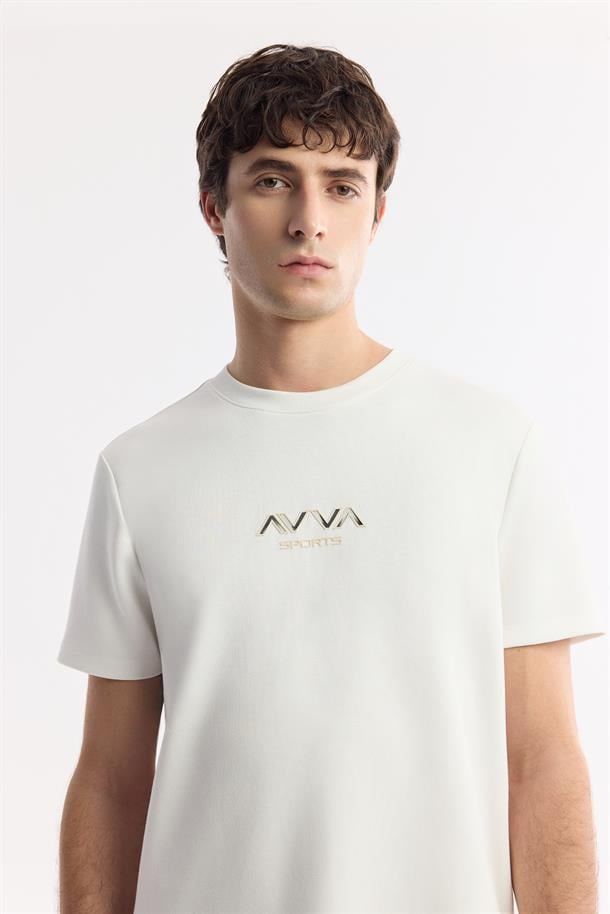 Ekru Bisiklet Yaka Baskılı Bi-Stretch İnterlok T-Shirt