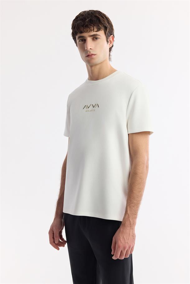 Ekru Bisiklet Yaka Baskılı Bi-Stretch İnterlok T-Shirt