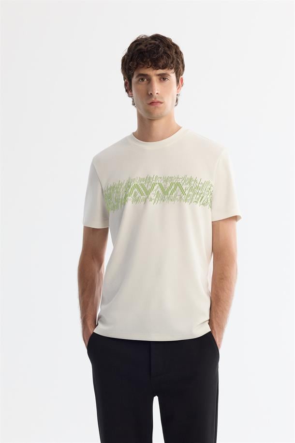 Ekru Bisiklet Yaka İnterlok Elastan T-Shirt