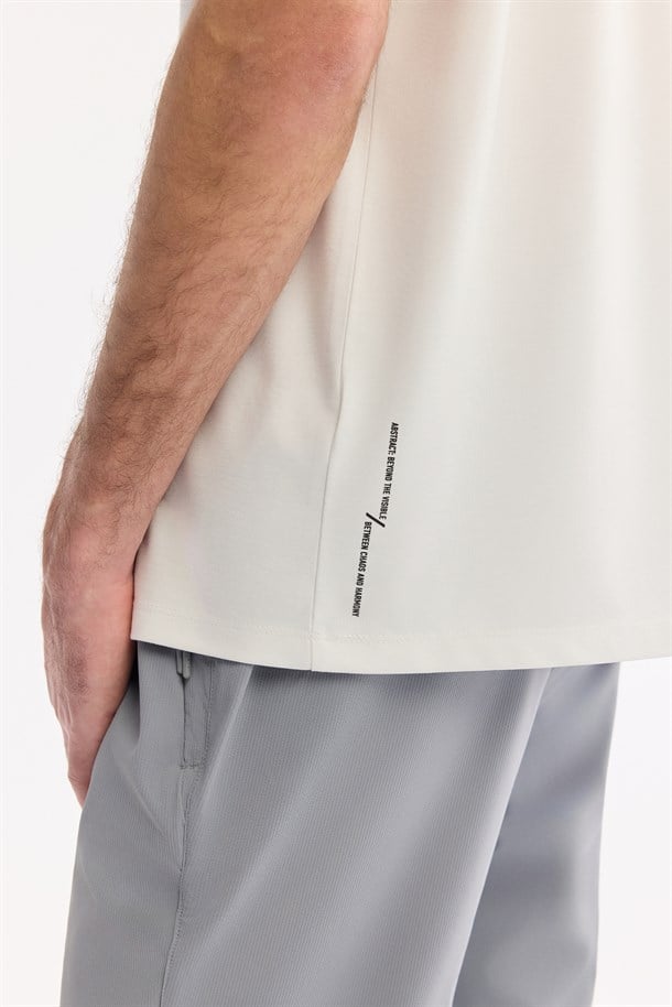 Ekru Bisiklet Yaka Nefes Alan Soft Touch Baskılı T-Shirt