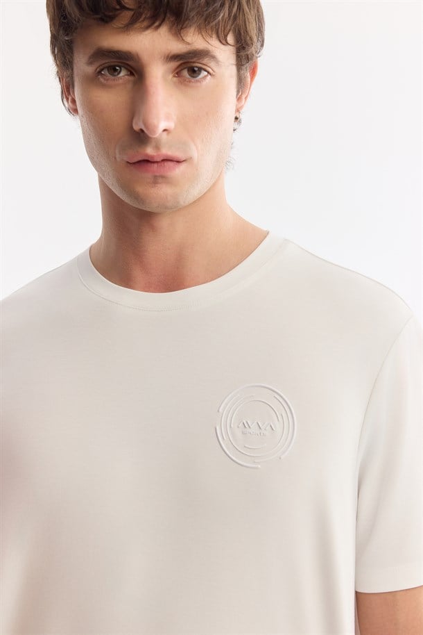 Ekru Bisiklet Yaka Nefes Alan Soft Touch Baskılı T-Shirt