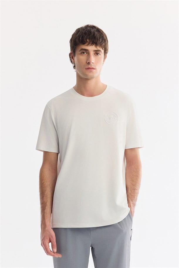 Ekru Bisiklet Yaka Nefes Alan Soft Touch Baskılı T-Shirt