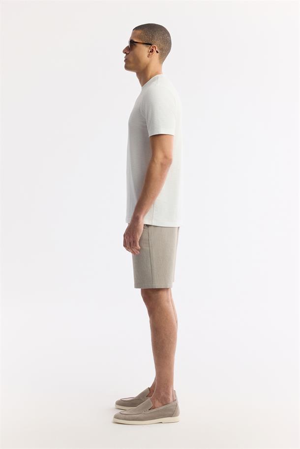 Ekru Bisiklet Yaka Viskon Karışımlı Jakarlı T-Shirt