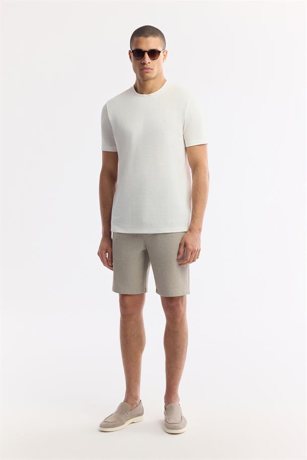 Ekru Bisiklet Yaka Viskon Karışımlı Jakarlı T-Shirt