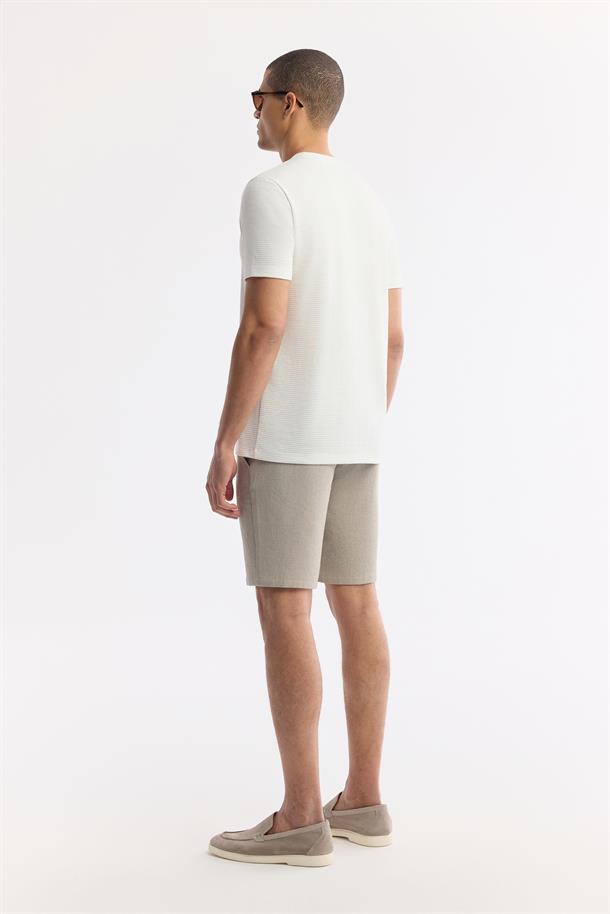 Ekru Bisiklet Yaka Viskon Karışımlı Jakarlı T-Shirt