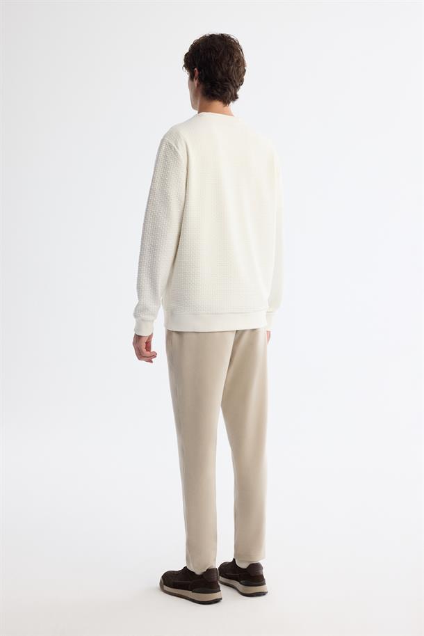 Ekru Bisiklet Yaka Baskılı İnterlok Sweatshirt