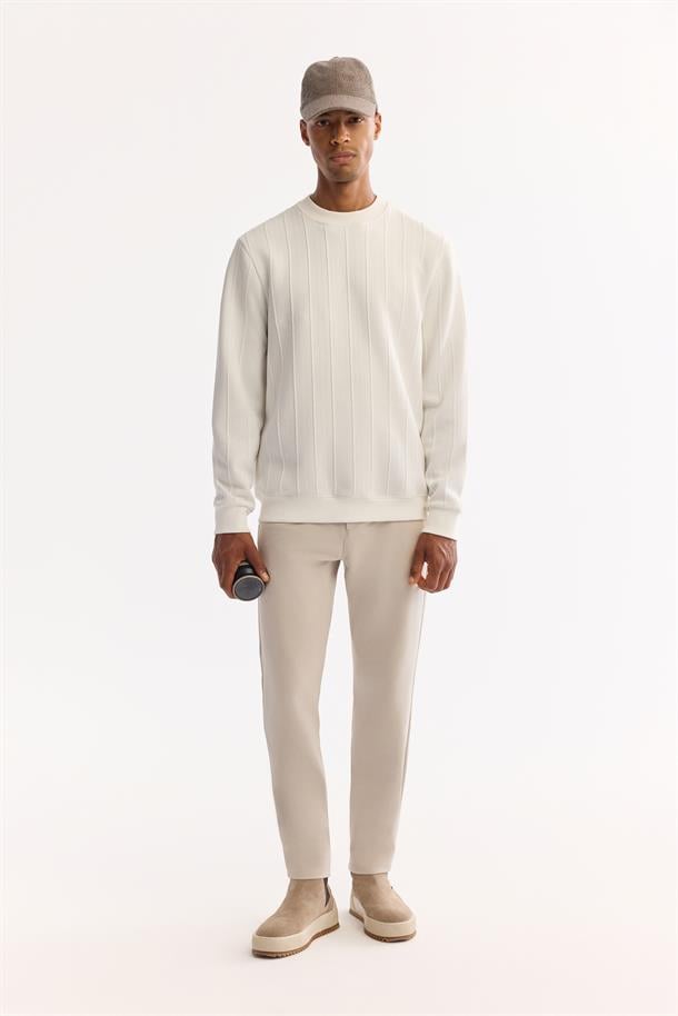 Ekru Bisiklet Yaka Elastan  Kolay Ütülenen Çizgili Sweatshirt