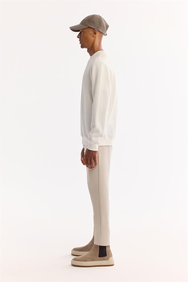 Ekru Bisiklet Yaka Elastan  Kolay Ütülenen Çizgili Sweatshirt