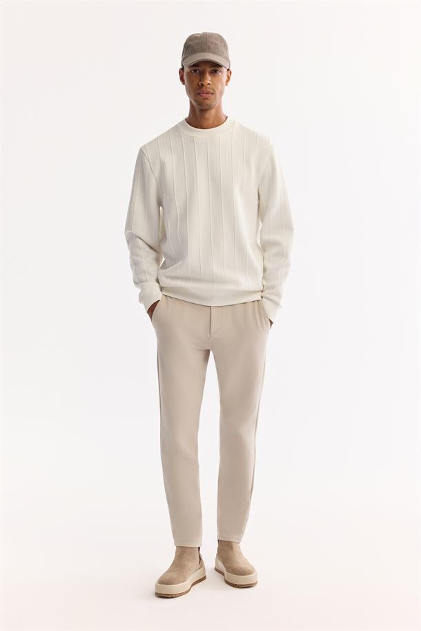 Ekru Bisiklet Yaka Elastan  Kolay Ütülenen Çizgili Sweatshirt