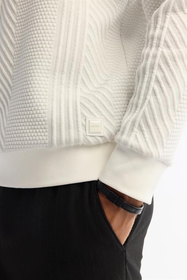 Ekru Bisiklet Yaka Baskılı Elastan Sweatshirt