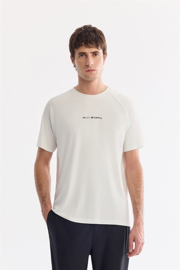 Ekru Bisiklet Yaka Baskılı Soft Touch Nefes Alan T-Shirt