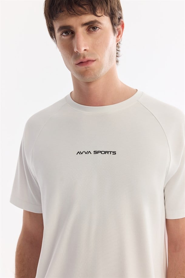 Ekru Bisiklet Yaka Baskılı Soft Touch Nefes Alan T-Shirt