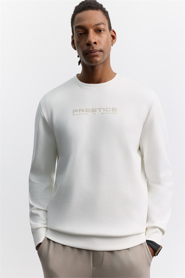 Ekru Bisiklet Yaka Puf Baskılı İnterlok Sweatshirt