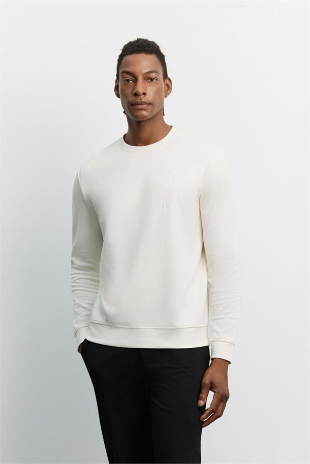 Ekru Bisiklet Yaka Kolay Ütülenen Baskılı Pamuklu Sweatshirt