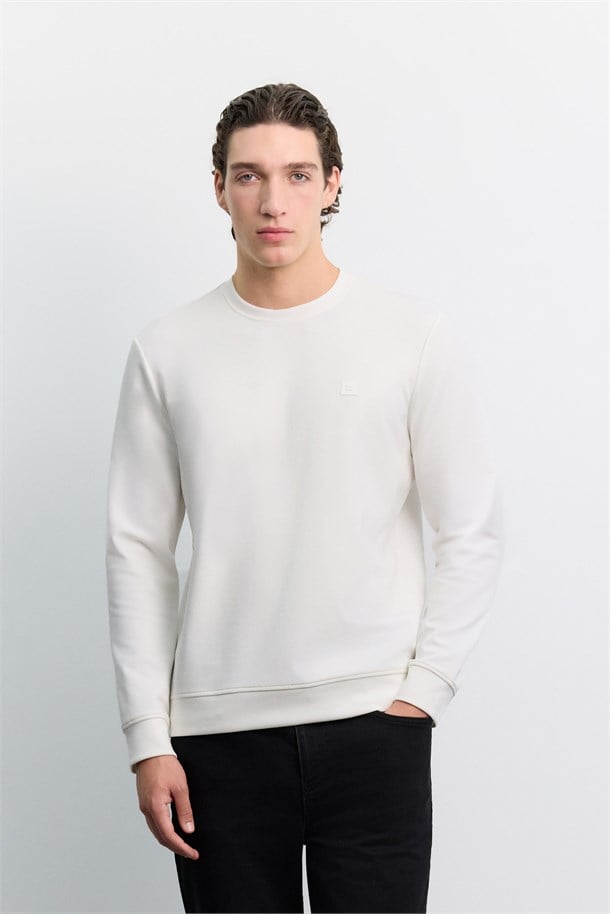 Ekru Bisiklet Yaka Kolay Ütülenen İnterlok Sweatshirt