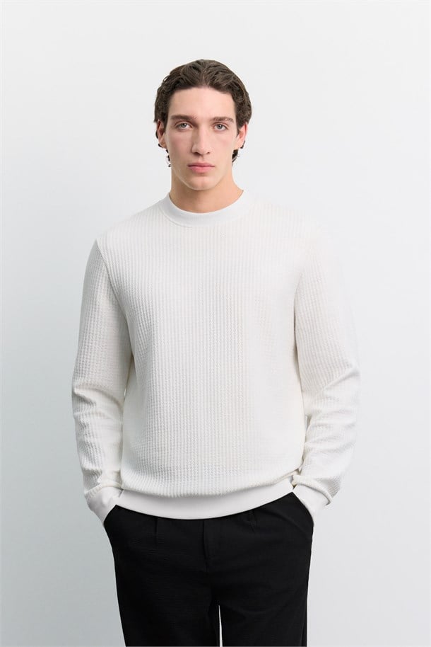 Ekru Bisiklet Yaka Kolay Ütülenen Jakarlı Sweatshirt