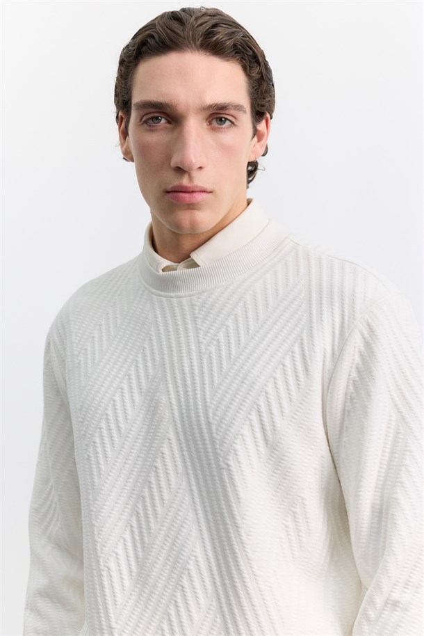 Ekru Bisiklet Yaka Kolay Ütülenen Jakarlı Sweatshirt