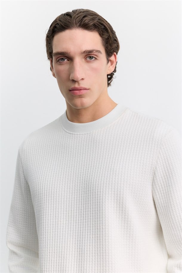 Ekru Bisiklet Yaka Kolay Ütülenen Jakarlı Sweatshirt
