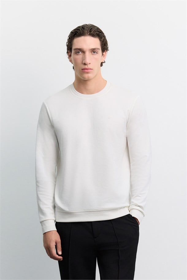 Ekru Bisiklet Yaka Fitil Ribana İnterlok  Sweatshirt