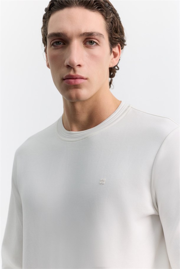 Ekru Bisiklet Yaka Fitil Ribana İnterlok  Sweatshirt