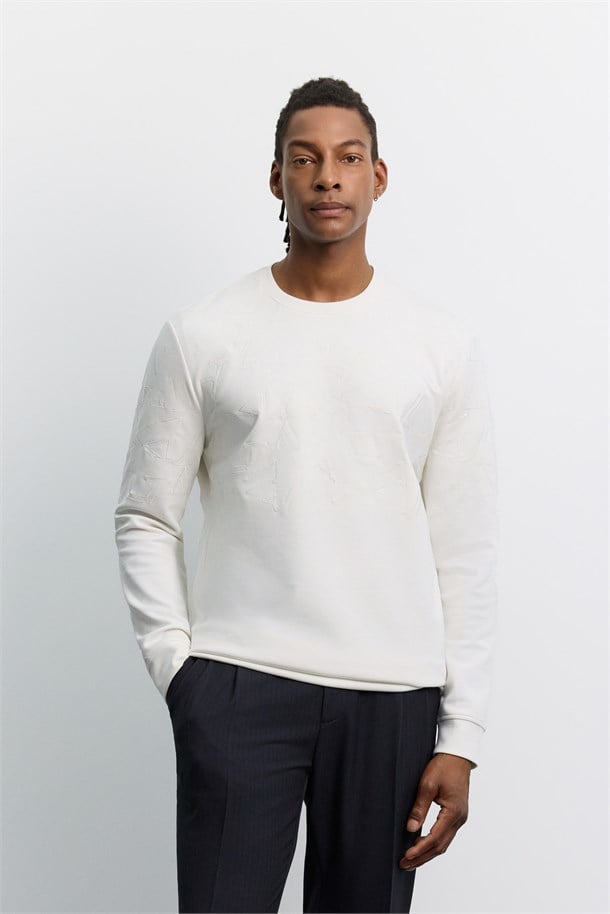 Ekru Bisiklet Yaka Nakışlı İnterlok Sweatshirt