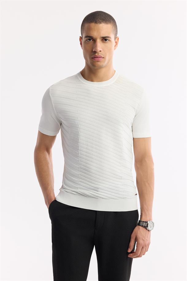 Ekru Bisiklet Yaka Rayon Triko T-Shirt