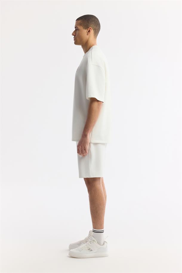 Ekru Bisiklet Yaka Baskılı Bi-Stretch 2 İplik T-Shirt