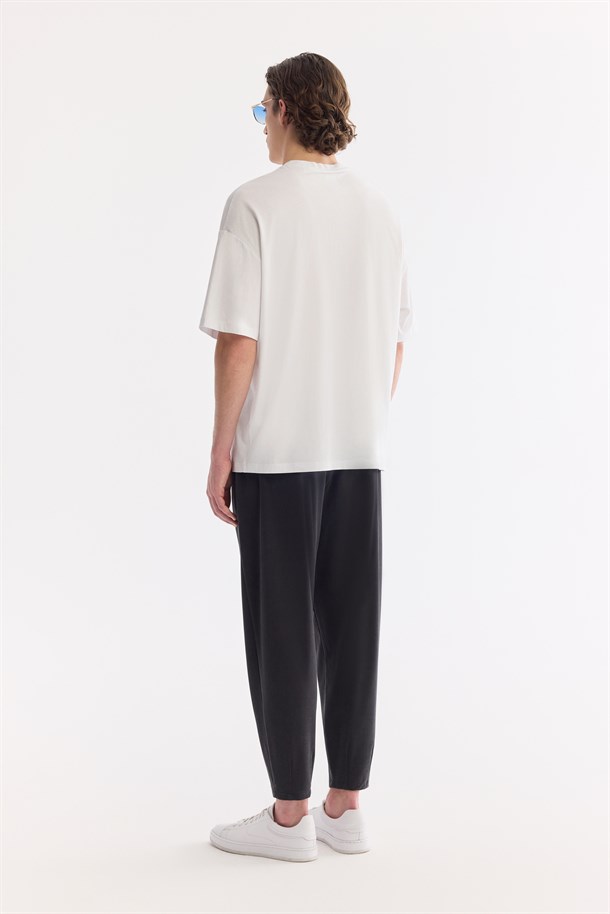 Ekru Bisiklet Yaka Oversize Rayon T-Shirt