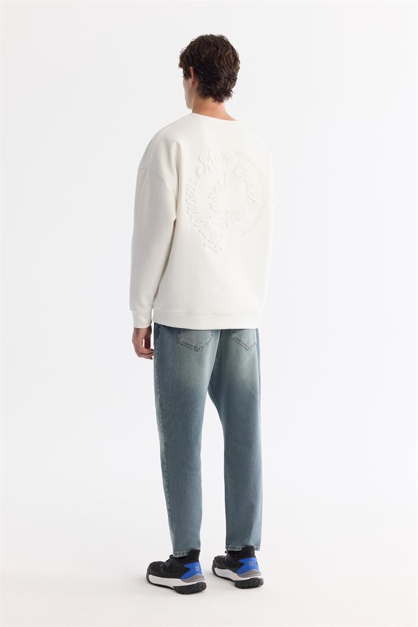 Ekru Bisiklet Yaka Elastan Sweatshirt