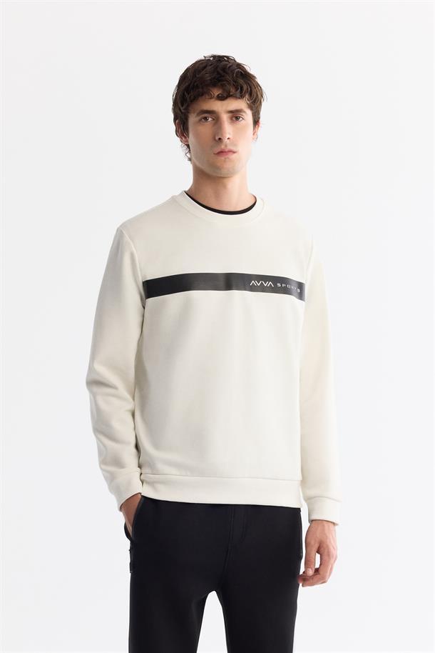 Ekru Bisiklet Yaka Pamuklu Baskılı Elastan Sweatshirt