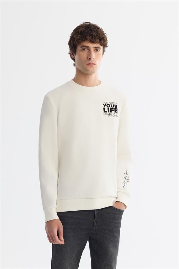 Ekru Bisiklet Yaka Pamuklu Baskılı Elastan Sweatshirt