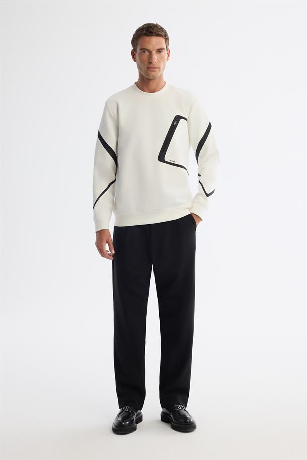 Ekru Bisiklet Yaka Pamuklu Baskılı Sweatshirt