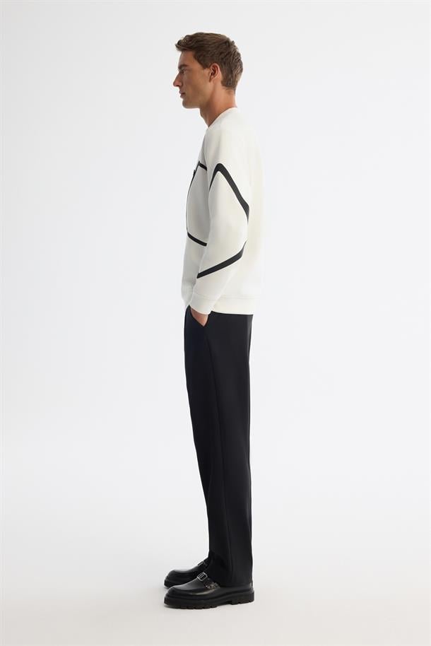 Ekru Bisiklet Yaka Pamuklu Baskılı Sweatshirt