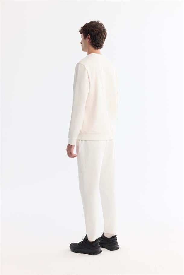 Ekru Bisiklet Yaka Pamuklu Kolay Ütülenen Sweatshirt