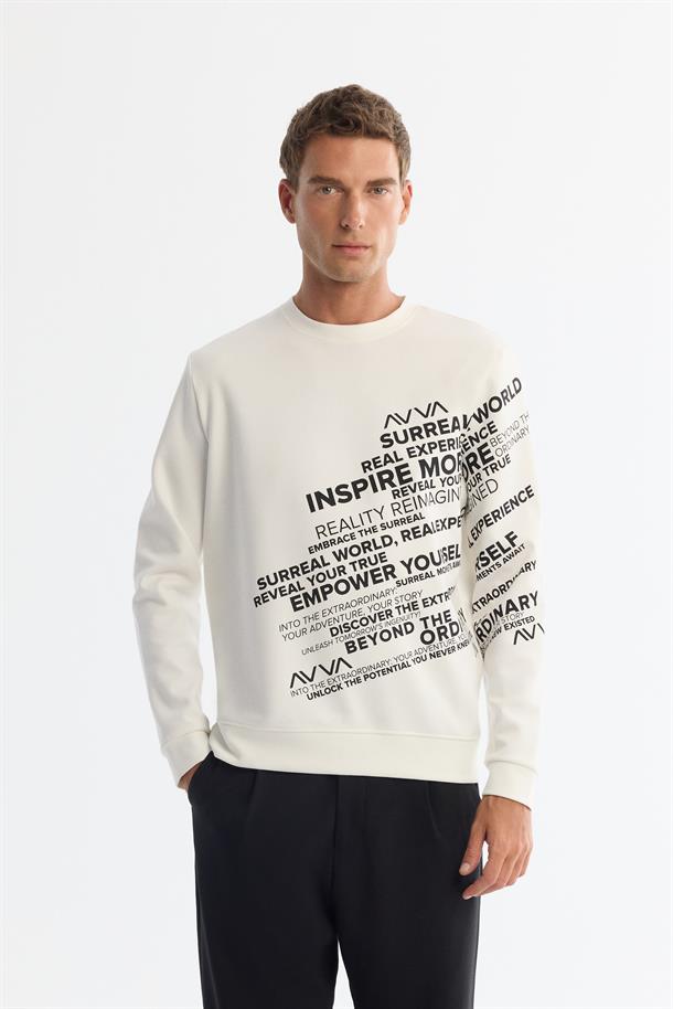 Ekru Bisiklet Yaka Pamuklu Baskılı Sweatshirt