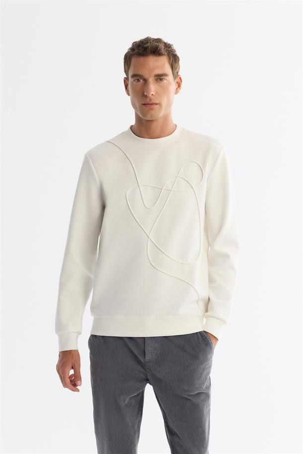 Ekru Bisiklet Yaka Pamuklu Nakışlı Sweatshirt