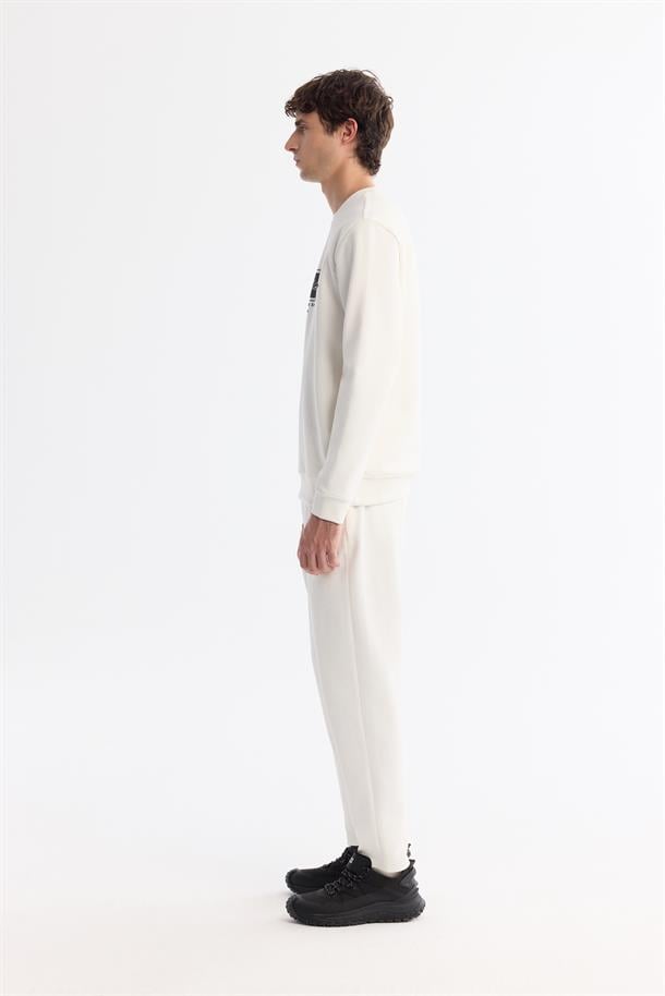 Ekru Bisiklet Yaka Pamuklu Kolay Ütülenen Sweatshirt