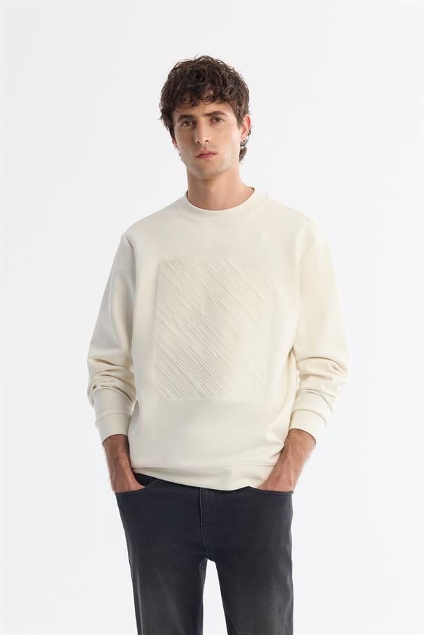 Ekru Bisiklet Yaka Pamuklu Baskılı Elastan Sweatshirt
