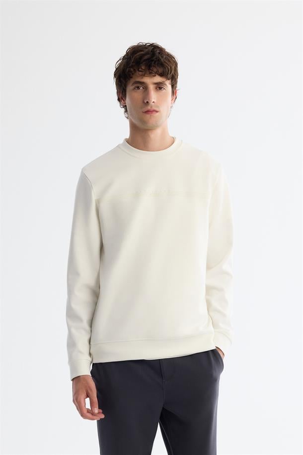 Ekru Bisiklet Yaka Pamuklu Baskılı Elastan Sweatshirt