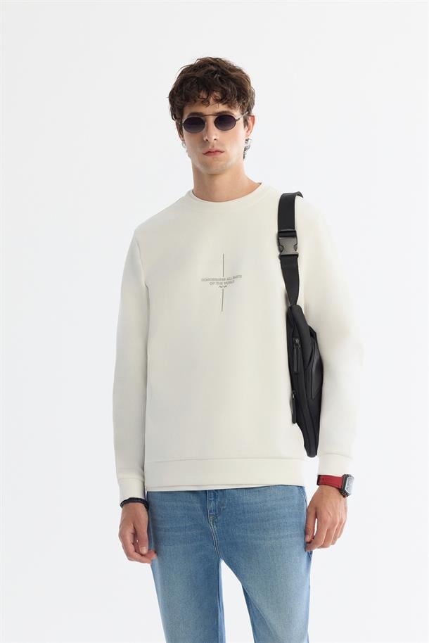 Ekru Bisiklet Yaka Pamuklu Baskılı Elastan Sweatshirt