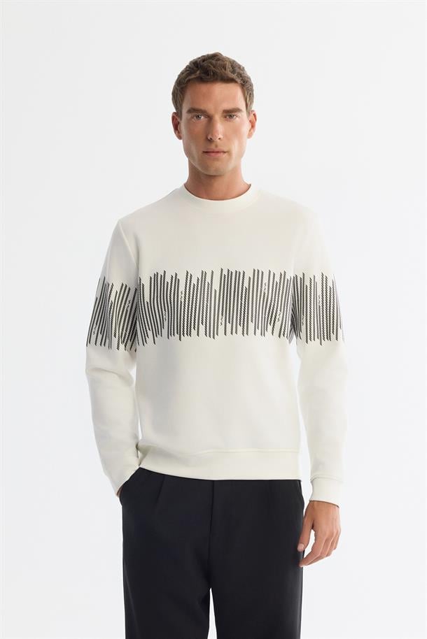 Ekru Bisiklet Yaka Pamuklu Çizgili Sweatshirt