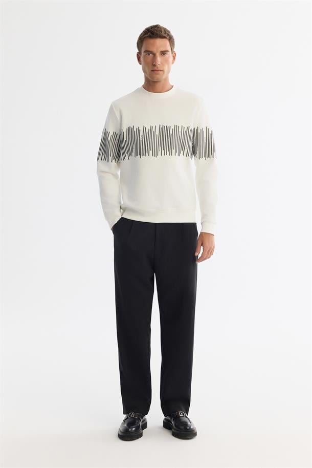 Ekru Bisiklet Yaka Pamuklu Çizgili Sweatshirt
