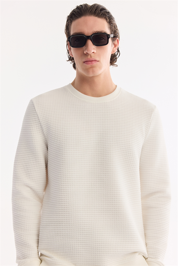 Ekru Bisiklet Yaka Pamuklu Kolay Ütülenen Sweatshirt