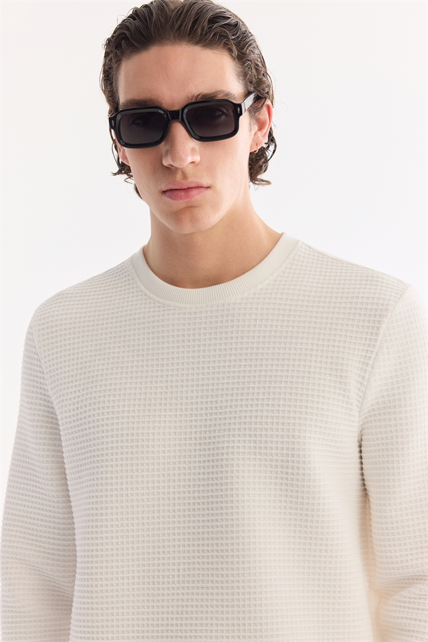 Ekru Bisiklet Yaka Pamuklu Kolay Ütülenen Sweatshirt