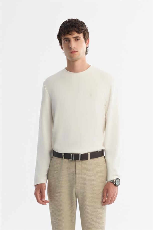 Ekru Bisiklet Yaka Pamuklu Basic Sweatshirt